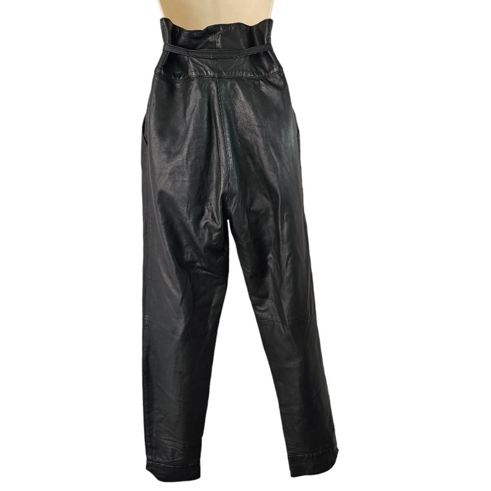 Vintage Lambskin Leather Pants Belt Pockets Curved Hem Womens XS Black - Picture 7 of 13